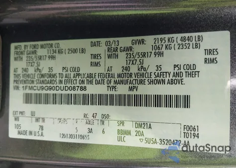 2013 Ford Escape Se z USA, uszkodzony, nr VIN 1FMCU9G90DUD08788